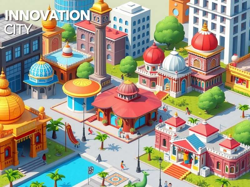 Innovation City Icons game screenshot showing vibrant Indian city with traditional and modern buildings